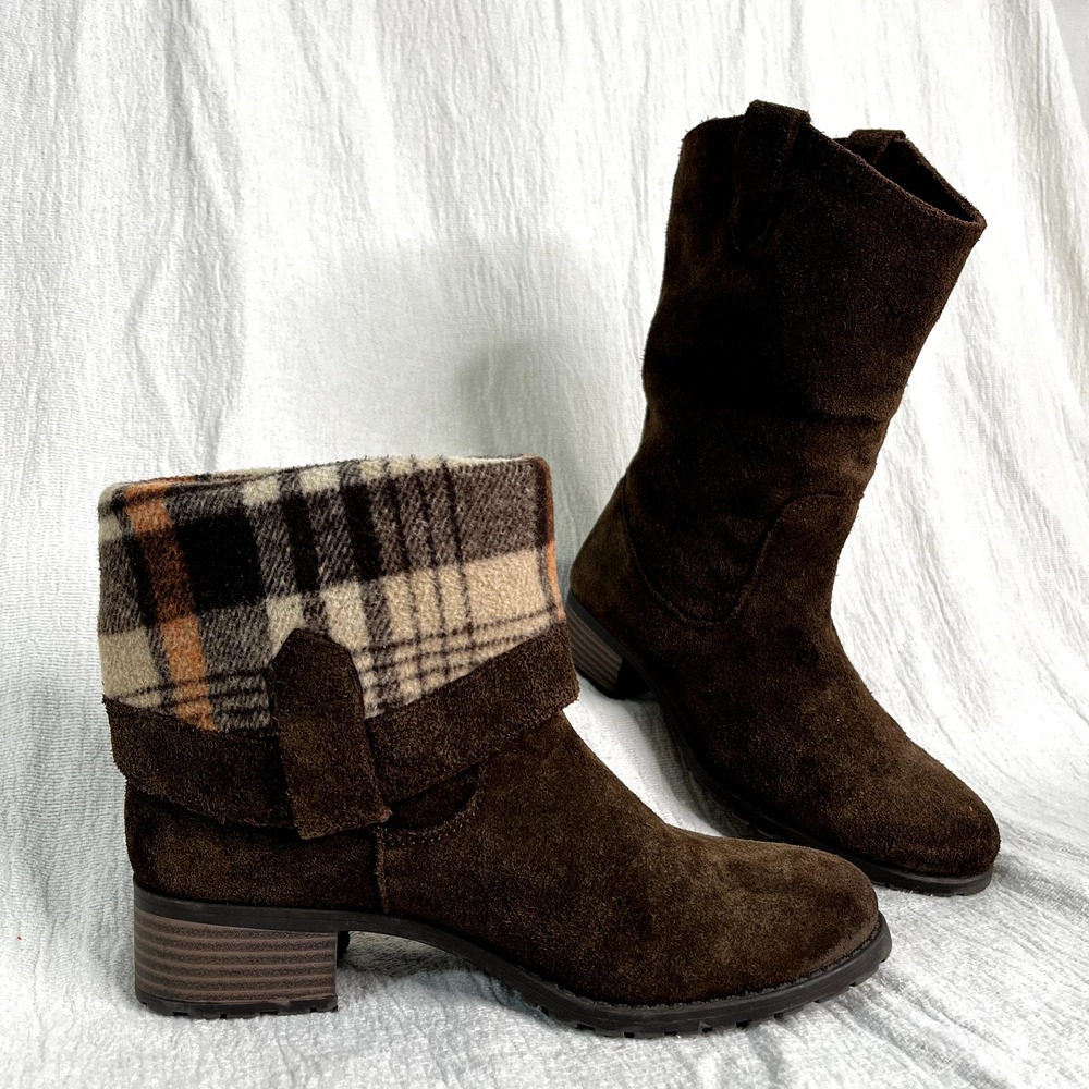 Suede Cowboy Chocolate Brown Boots Plaid Lined Women 5.5 Western Ranch Soft NOTE